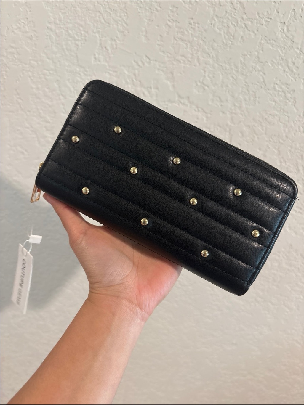 Couture Gems Quilted Black Zip-Around Wallet With Gold Studs Nwt